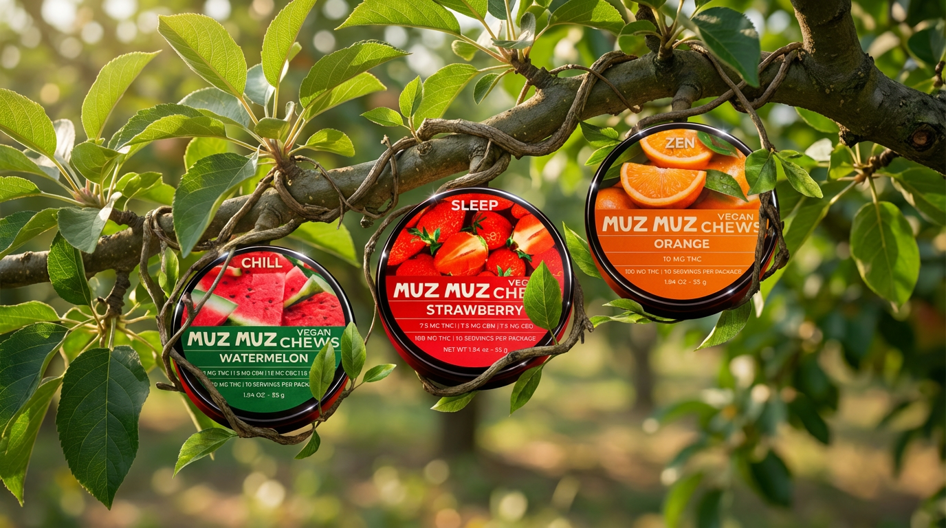 Muz Muz Vegan Chews hanging from a branch